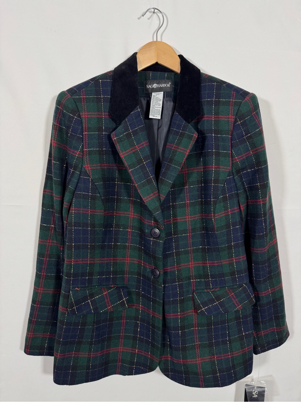 WBZ1 {Sag Harbor} Christmas Holiday Plaid Wool Velvet Collar Blazer Suit Coat